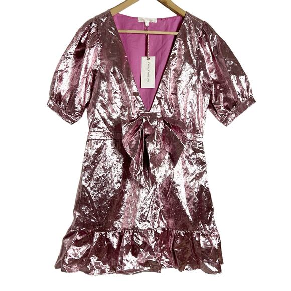 LoveShackFancy Pink Metallic Gabriella Lame Puff Sleeve Bow Mini Dress Size L - Picture 3 of 13
